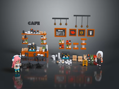 Vibrant Cafe Interior With Coffee Shelves Menu Board And Cartoon Characters 3d model