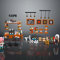 Vibrant Cafe Interior With Coffee Shelves Menu Board And Cartoon Characters