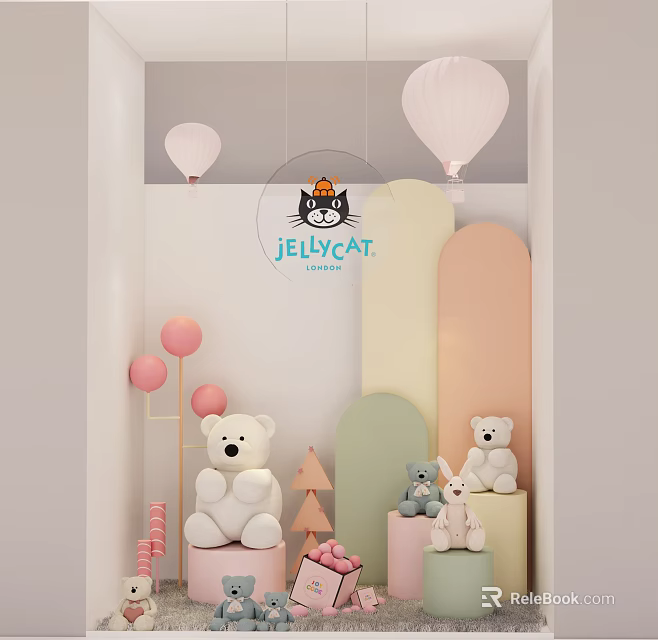 Jellycat Store Window Display With Pastel Curved Structures And Plush Toys Decorations 3d model 