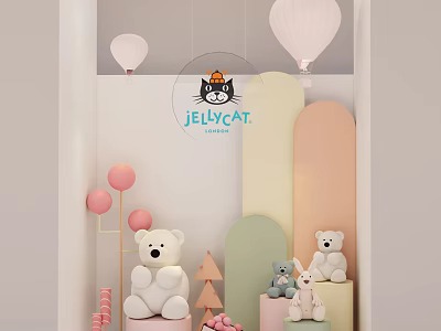 Jellycat Store Window Display With Pastel Curved Structures And Plush Toys Decorations 3d model