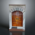 Elegant Wooden Entrance Door With Ornate Stone Frame And Intricate Carvings