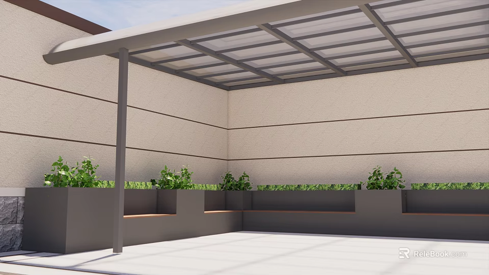 Outdoor Canopy With Transparent Roof Metal Frame In Patio Area White Floor Green Plants Along Wall 3d model 
