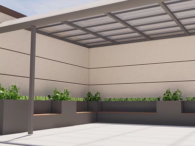 Outdoor Canopy With Transparent Roof Metal Frame In Patio Area White Floor Green Plants Along Wall 3d model