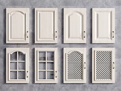 White Cabinet Doors With Various Panel Designs And Glass Lattice Details 3d model