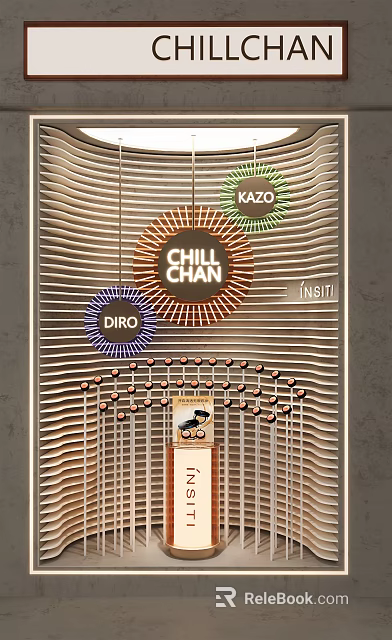 Modern Storefront Window Display Featuring KAZO CHILL CHAN DIRO INSTI Neon Signs and Wavy Pattern 3d model 