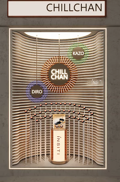 Modern Storefront Window Display Featuring KAZO CHILL CHAN DIRO INSTI Neon Signs and Wavy Pattern 3d model