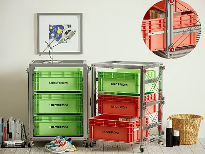 Mobile Metal Frame Storage Cabinet Rack With Green Red LATCHFORD Drawers 3d model