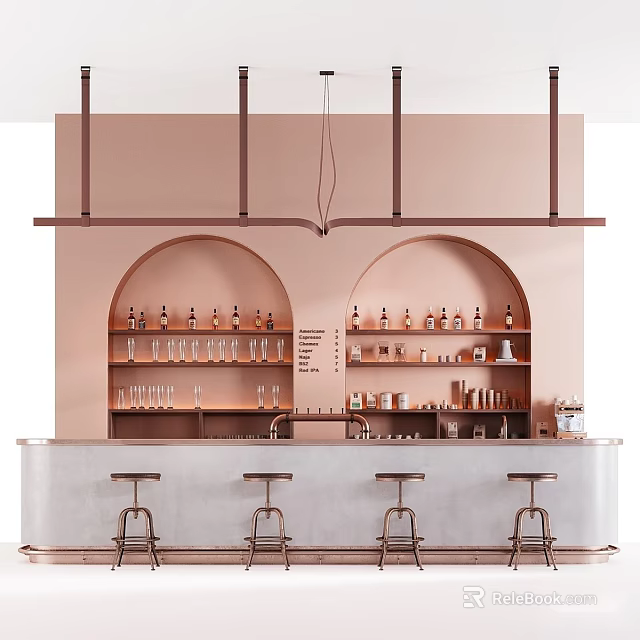Stylish Bar Counter With Pink Wall Arched Shelves Wine Bottles Glassware And Bar Stools 3d model 
