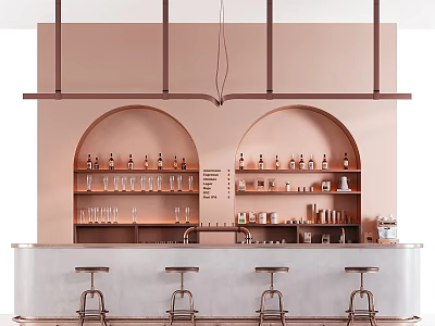 Stylish Bar Counter With Pink Wall Arched Shelves Wine Bottles Glassware And Bar Stools 3d model