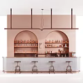 Stylish Bar Counter With Pink Wall Arched Shelves Wine Bottles Glassware And Bar Stools