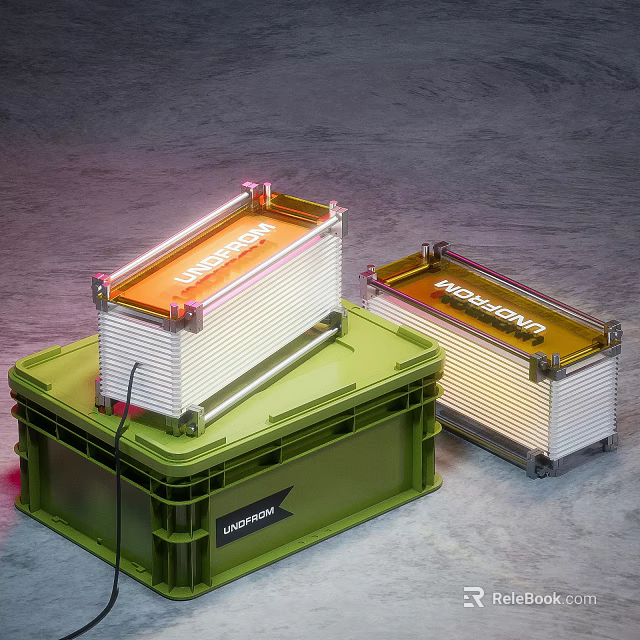 Modern Two Table Lamps With Green Crate Base Metal Frame And Orange Light 3d model 