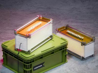 Modern Two Table Lamps With Green Crate Base Metal Frame And Orange Light 3d model