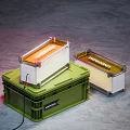 Modern Two Table Lamps With Green Crate Base Metal Frame And Orange Light