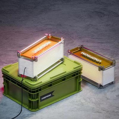 Modern Two Table Lamps With Green Crate Base Metal Frame And Orange Light 3d model