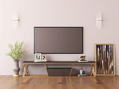 Modern TV Stand with TV Decorative Items Wall Sconces and Artwork in Living Room 3d model