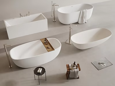 Modern Bathroom Bathtubs In Different Shapes With Faucets Towels And Accessories 3d model