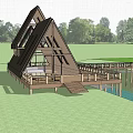Detached Villa With Triangular Roof Wooden Deck And Autumn Trees By Pond