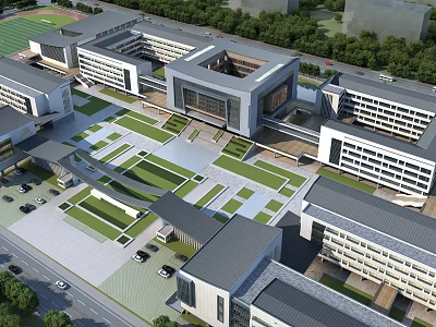 Modern School Buildings With Spacious Campus Plaza Green Spaces And Parking Areas 3d model