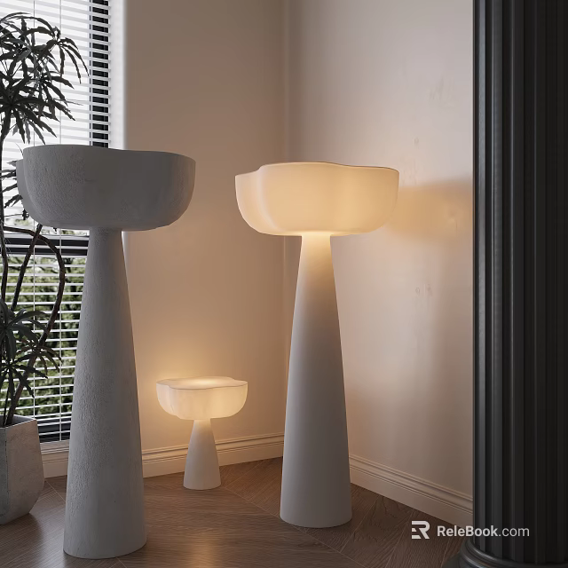 Minimalist White Floor Lamp with Sculptural Base Curved Lampshade Warm Light and Potted Plant 3d model 
