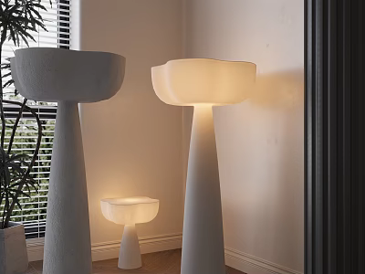 Minimalist White Floor Lamp with Sculptural Base Curved Lampshade Warm Light and Potted Plant 3d model