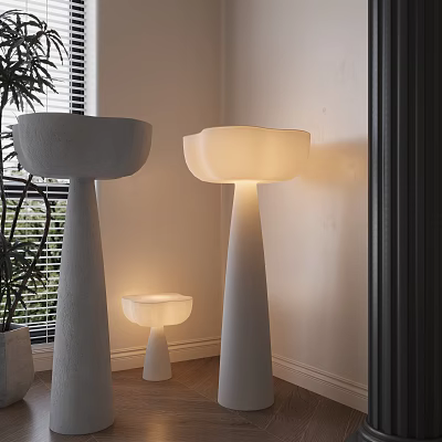 Minimalist White Floor Lamp with Sculptural Base Curved Lampshade Warm Light and Potted Plant 3d model