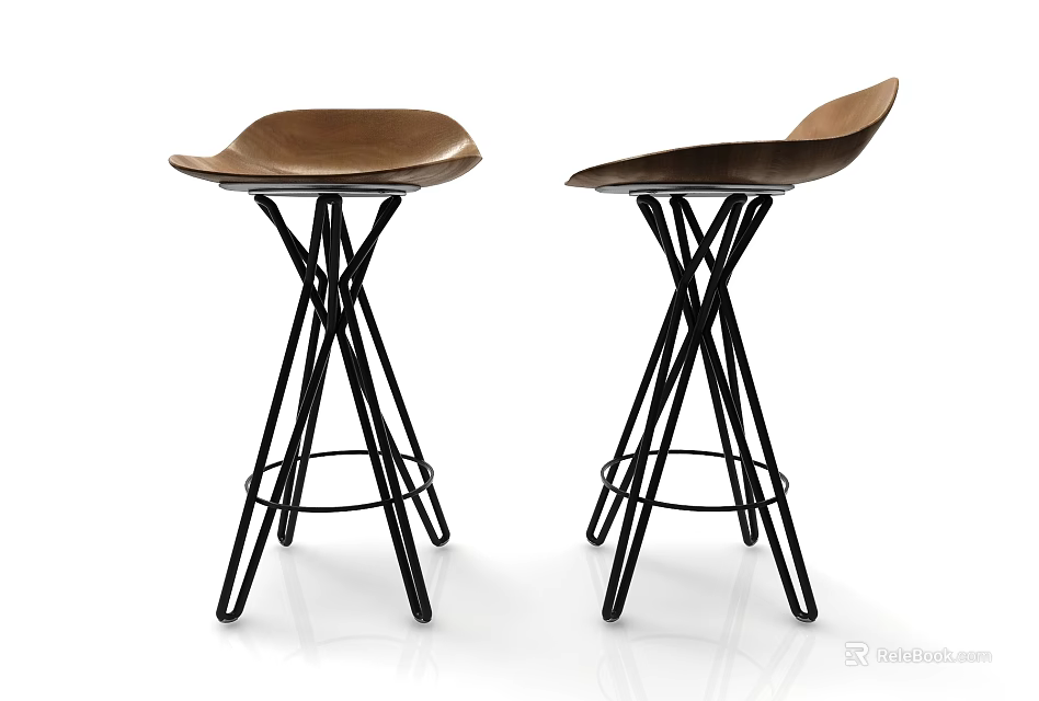 Modern Bar Stools With Brown Seats And Black Metal Cross Frames 3d model 