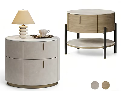 Modern Round Bedside Tables With Drawer Storage Lamp And Cup In Gray Light Wood Colors 3d model