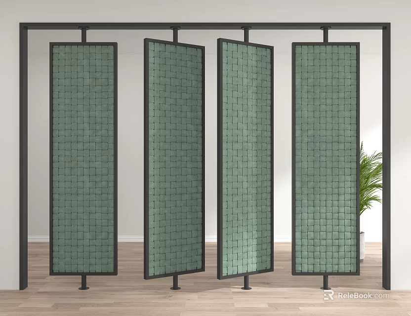 Modern Green Woven Room Divider With Four Panel Black Frame Design 3d model