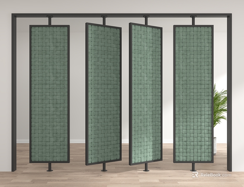 Modern Green Woven Room Divider With Four Panel Black Frame Design 3d model 