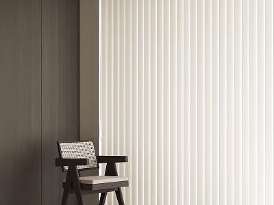 White Vertical Blinds in Modern Interior With Wooden Wall and Accent Chair 3d model