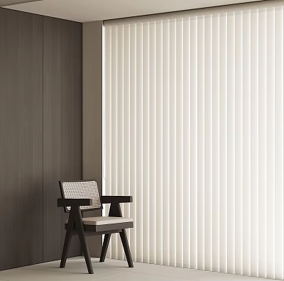 White Vertical Blinds in Modern Interior With Wooden Wall and Accent Chair 3d model