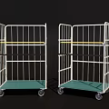 Metal Carts With White Frame Green Base And Wheels Three In A Row 3d model