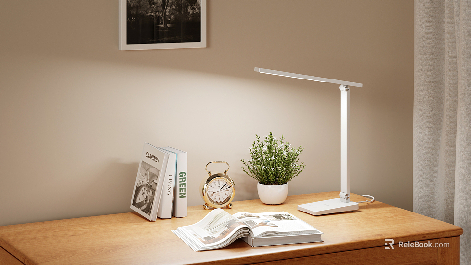 Modern Desk Lamp Illuminating Wooden Desk With Books Alarm Clock And Potted Plant 3d model 