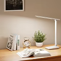Modern Desk Lamp Illuminating Wooden Desk With Books Alarm Clock And Potted Plant