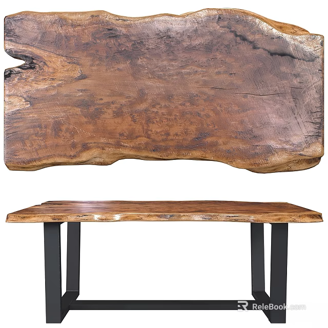 Natural Solid Wood Dining Table With Live Edge Design And Black Metal Legs 3d model 