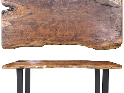 Natural Solid Wood Dining Table With Live Edge Design And Black Metal Legs 3d model