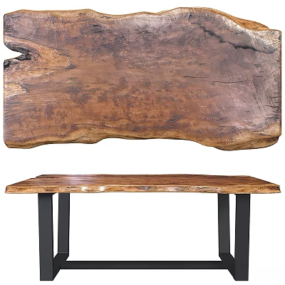 Natural Solid Wood Dining Table With Live Edge Design And Black Metal Legs 3d model