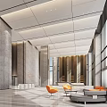 Modern Spacious Hotel Lobby Interior With High Ceiling Orange Chairs And Gray Sofa 3d model