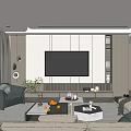 Modern Living Room Interior With Large Screen TV Sofa Coffee Table Green Plants And Bookshelves