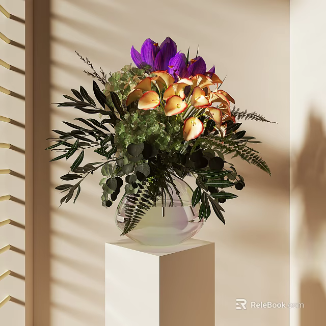 Beautiful Purple Orange Flowers Green Leaves Ferns In Transparent Vase On White Cube Pedestal 3d model 