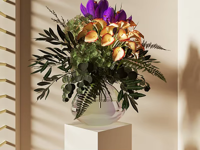 Beautiful Purple Orange Flowers Green Leaves Ferns In Transparent Vase On White Cube Pedestal 3d model