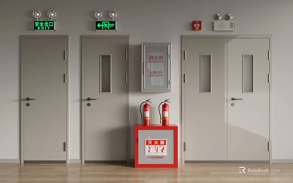 Fire Safety Equipment Setup With Exit Signs Fire Extinguishers And Doors 3d model 