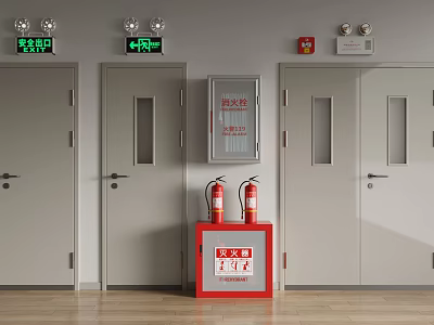 Fire Safety Equipment Setup With Exit Signs Fire Extinguishers And Doors 3d model