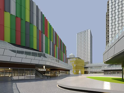 Modern Commercial Street Featuring Colorful Striped Facades High Rise Buildings And Open Plaza 3d model