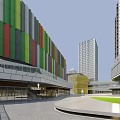 Modern Commercial Street Featuring Colorful Striped Facades High Rise Buildings And Open Plaza