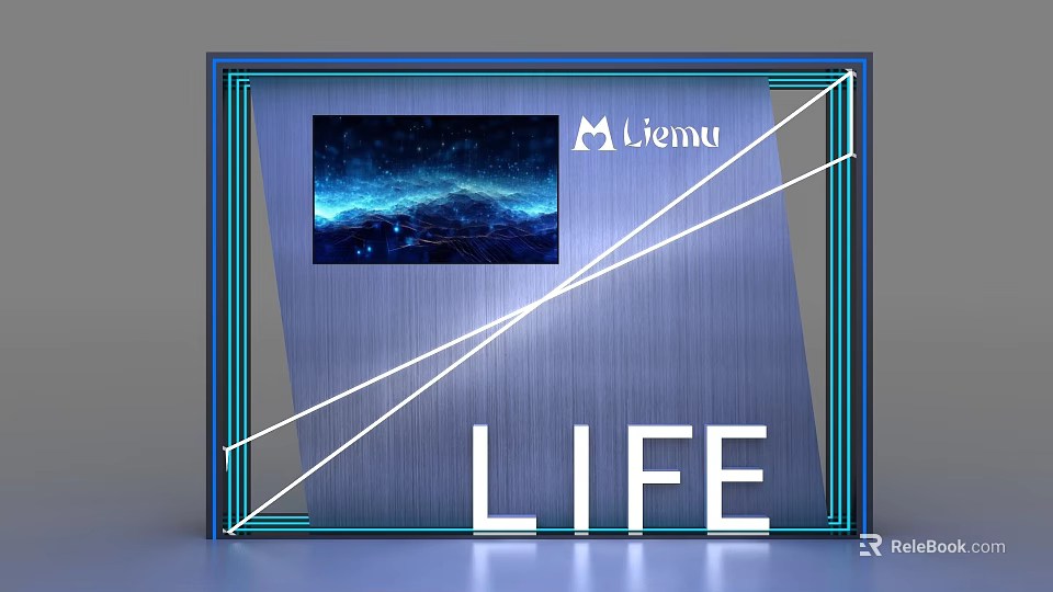 Modern Background Wall with Liemu Logo Starry Screen LIFE Text Metallic Design and Blue Lines 3d model 