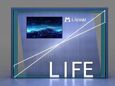 Modern Background Wall with Liemu Logo Starry Screen LIFE Text Metallic Design and Blue Lines 3d model