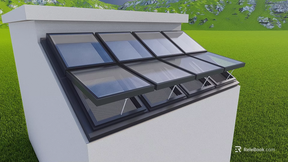 Residential Building Roof Featuring Multiple Glass Skylights With Black Frames Over Green Grass 3d model 