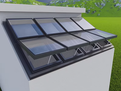 Residential Building Roof Featuring Multiple Glass Skylights With Black Frames Over Green Grass 3d model