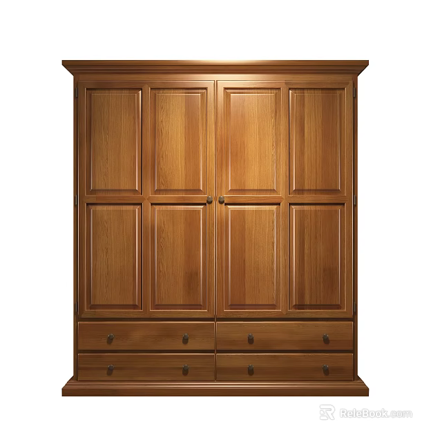 Wooden Wardrobe with Double Doors and Drawers Natural Wood Finish Classic Design 3d model 